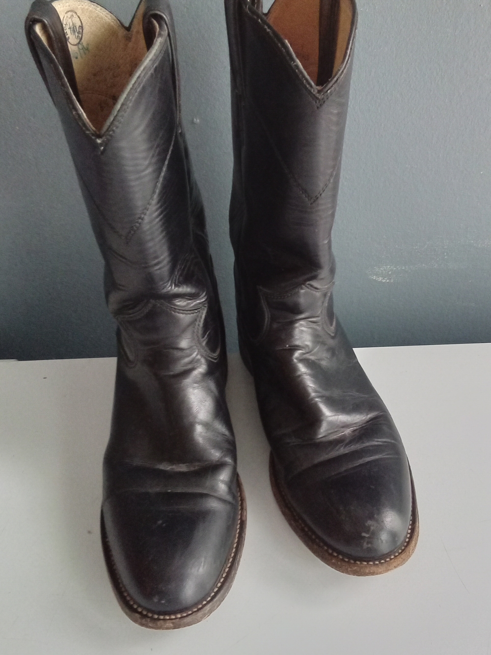 Justin Mens Black Leather‎ Western Roper Cowboy Boots Round Toe USA Made